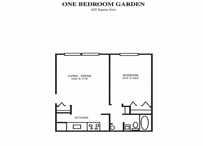 Floor plan for 1 bed, 1 bath, 625 sqft